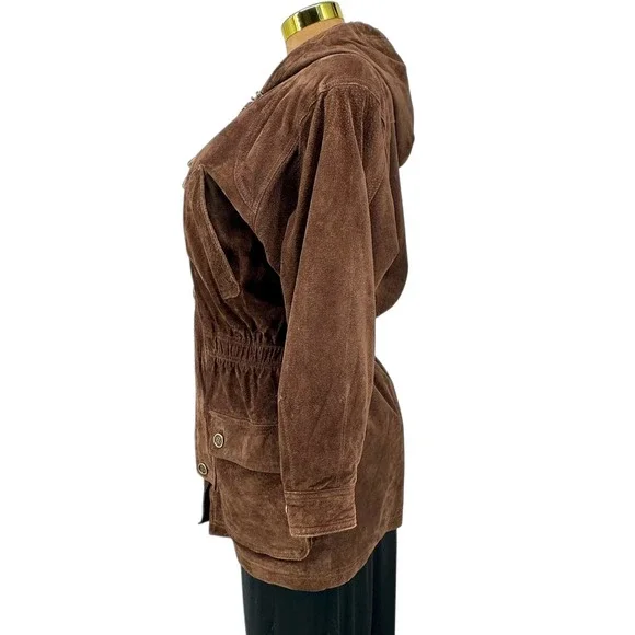 VTG Chocolate Brown Suede Jacket Hooded Leather Parka Oversized Sz S BB Dakota - Picture 11 of 14